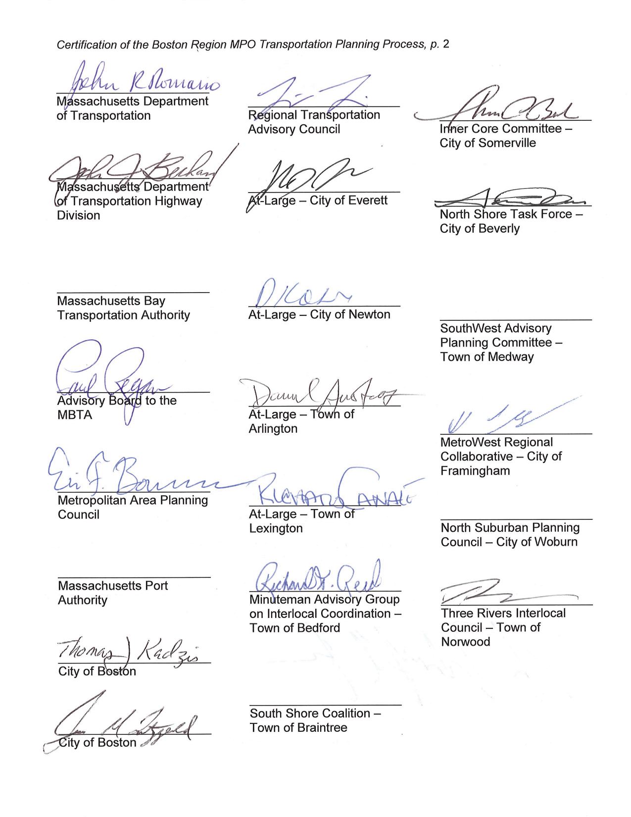Certification Statement
These pages list the ten requirements of the transportation planning process to be conducted by Metropolitan Planning Organizations (MPOs), and certify that the Boston Region MPO complies with these requirements. The certification of the Transportation Planning Process is signed by the members of the Boston Region MPO members, with the exception of: Massachusetts Bay Transportation Authority; Massachusetts Port Authority; North Suburban Planning Council – City of Woburn; South Shore Coalition – Town of Braintree; and SouthWest Advisory Planning Committee – Town of Medway.